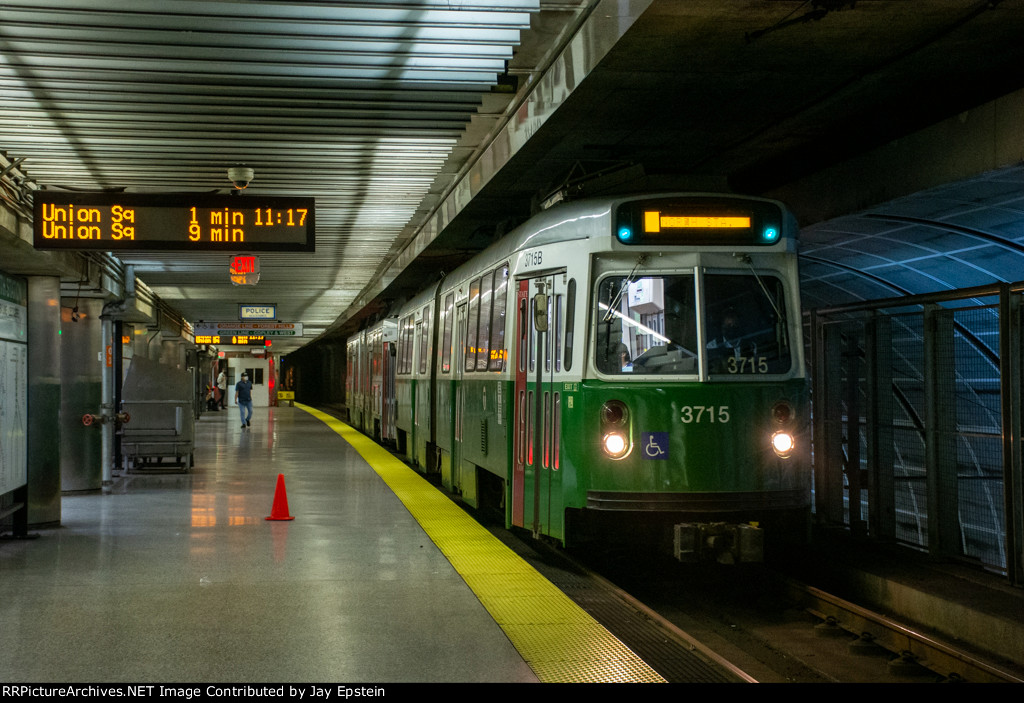 An outbound Green Line train pulls into North Station